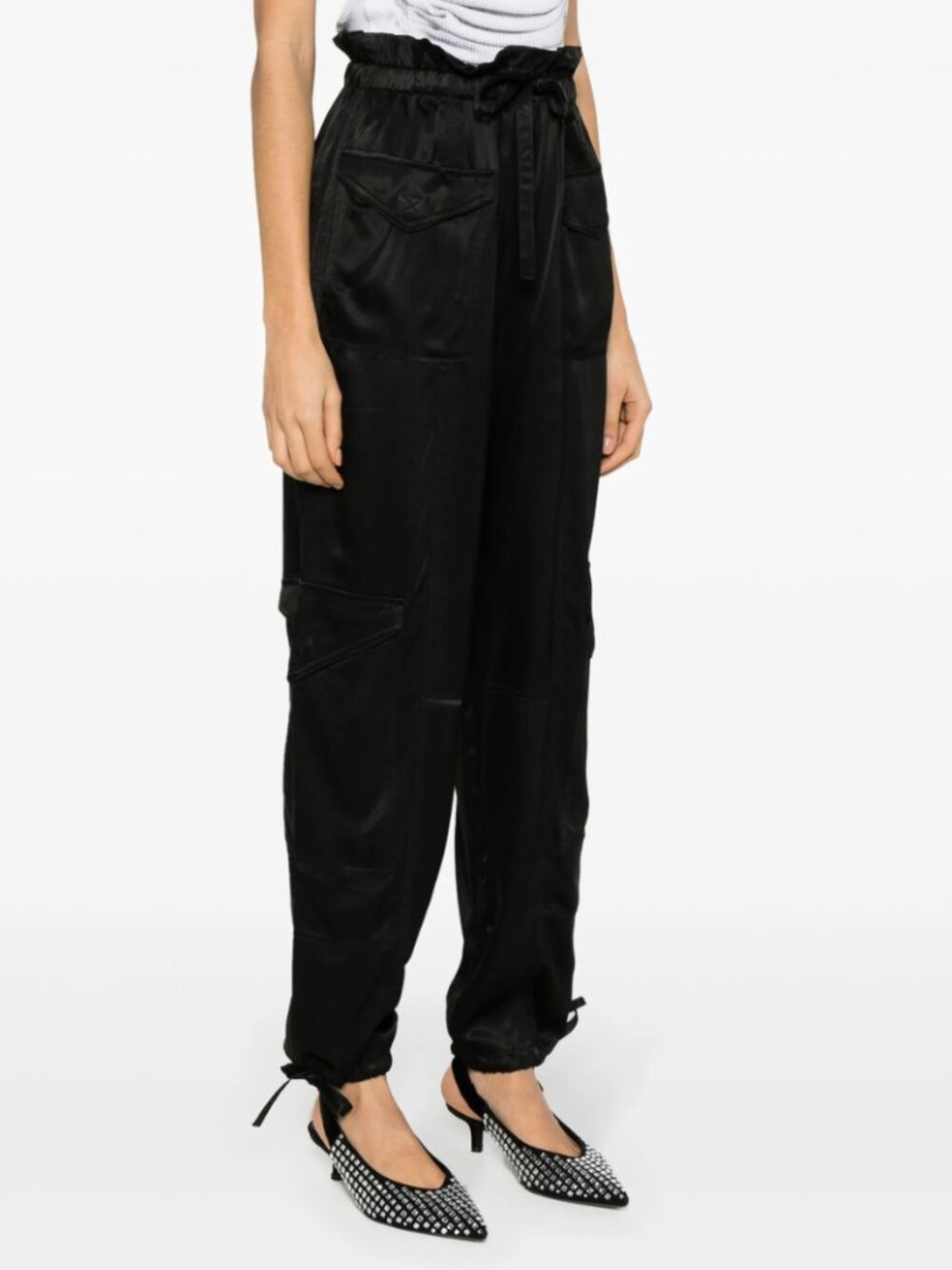 GANNI Washed Satin Cargo Pants Black Paperbag Waist Utility Trousers EU 36 / US